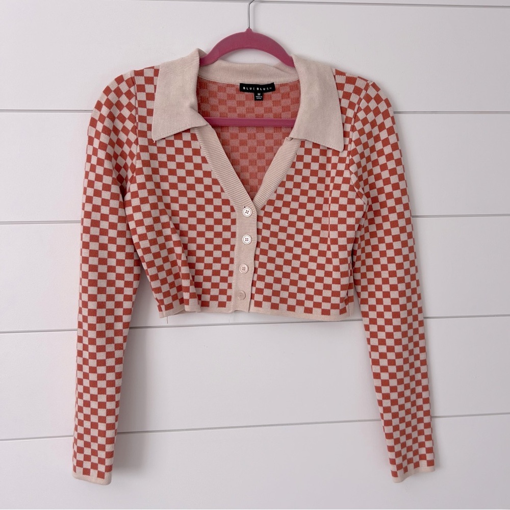 Blue Blush Cropped Checkered Collared Sweater